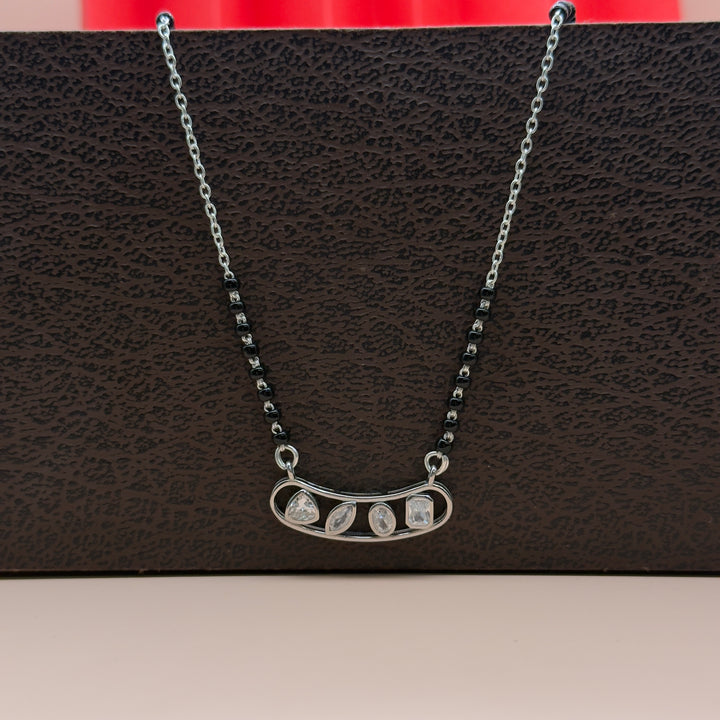 925 Silver CZ Curve Mangalsutra – Modern Black Beads Design