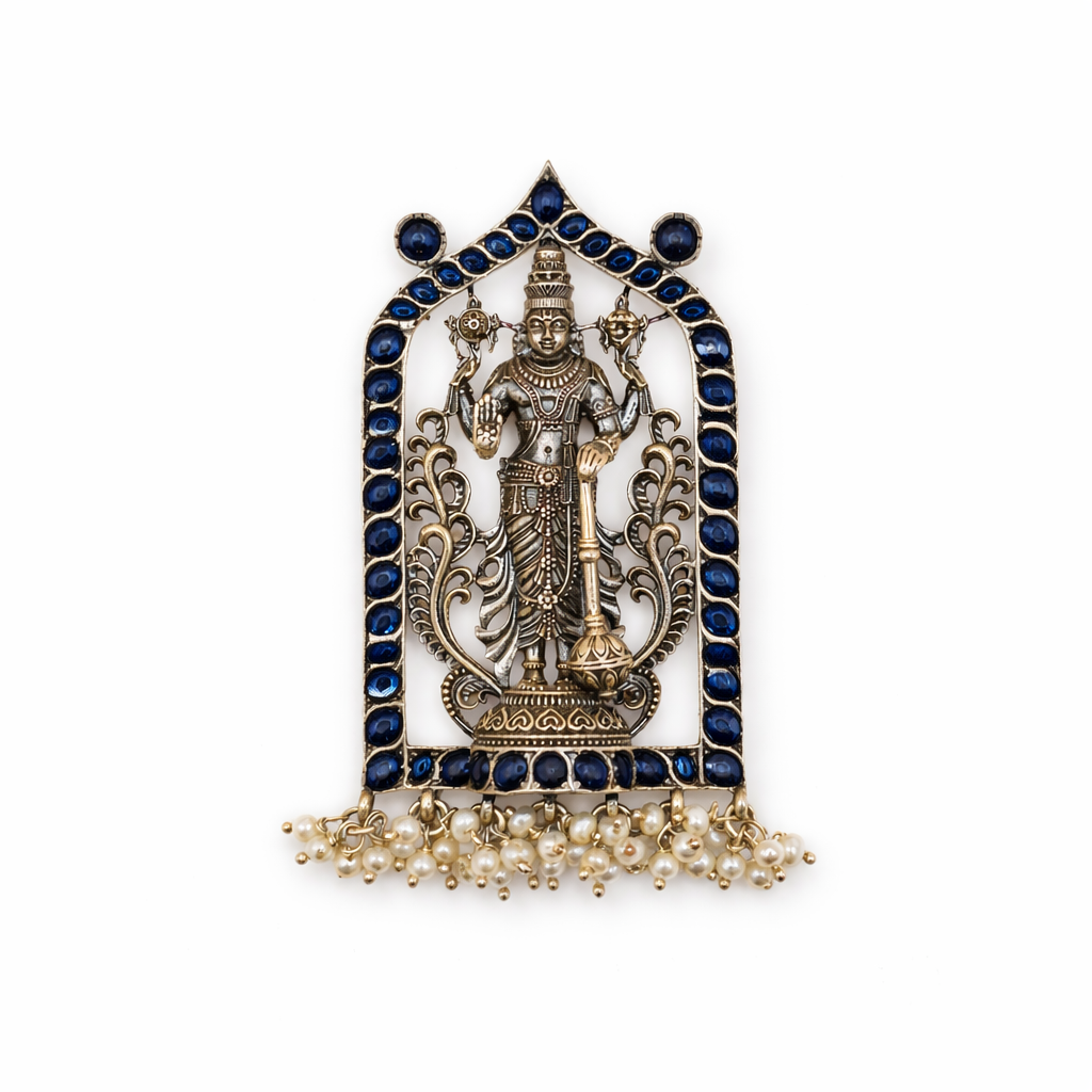 925 Silver Antique Lord Vishnu Pendant with Pearl Hangings