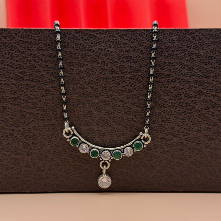 Handcrafted Silver Mangalsutra with Green Stones & CZ Drop