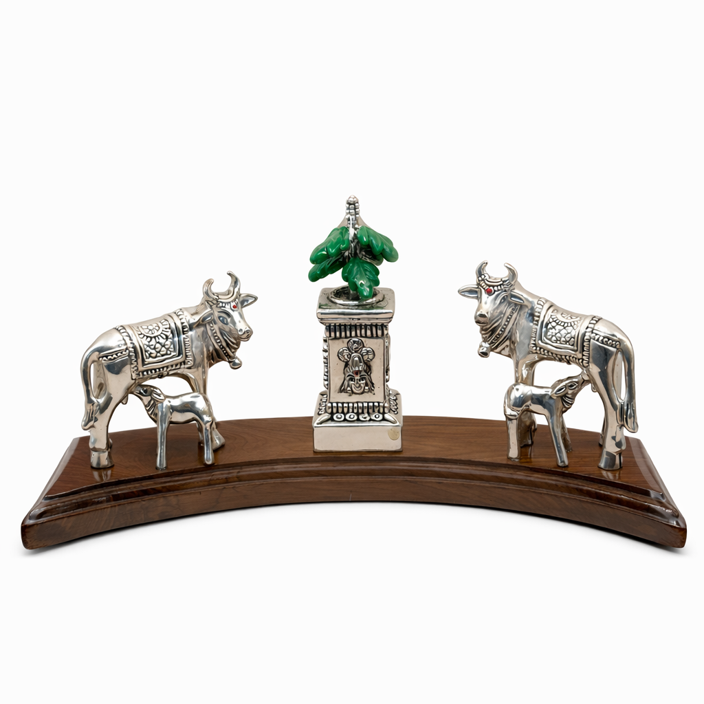 999 Pure Silver Kamdhenu Cow Pair with Sacred Tulsi Plant