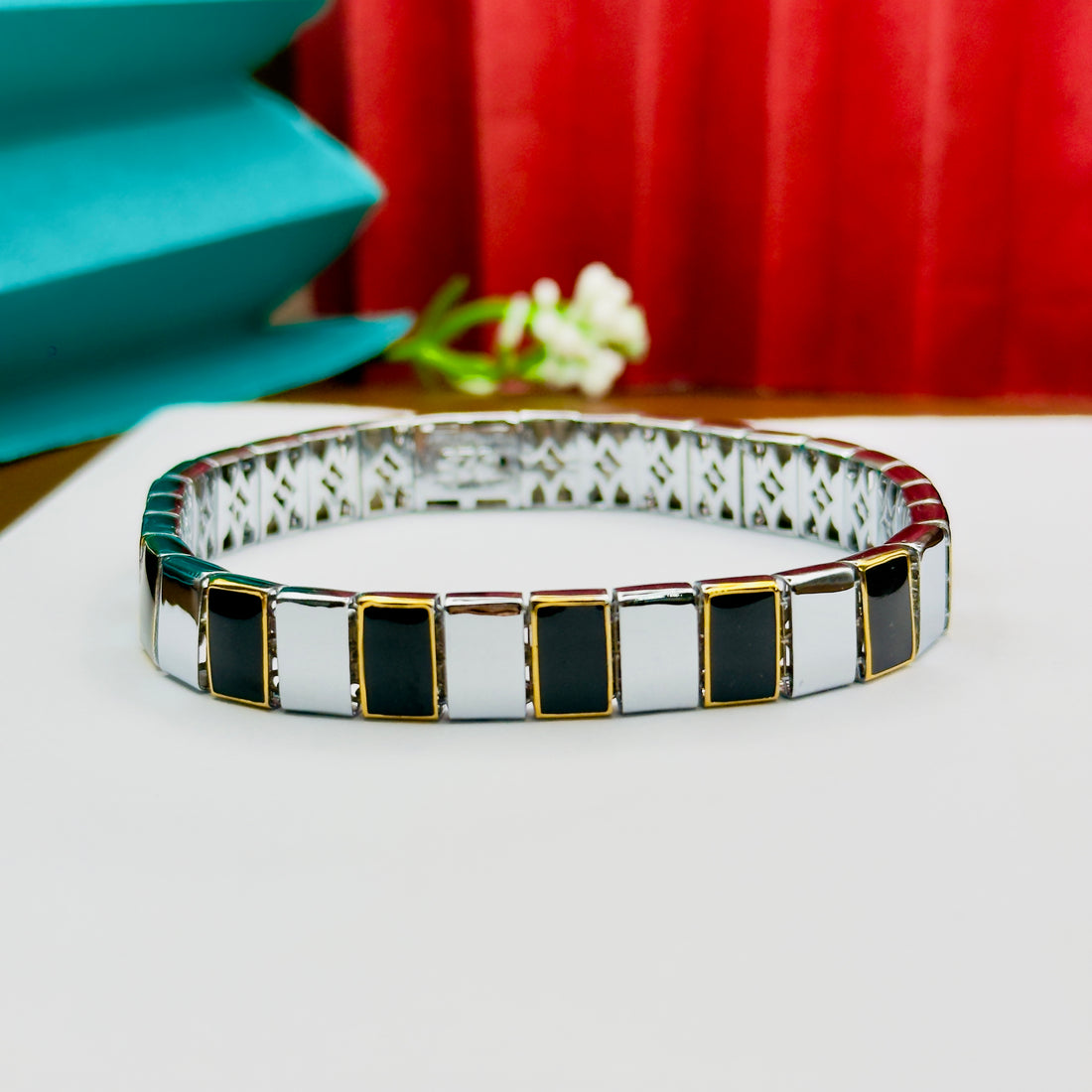 Men’s Stylish Silver Bracelet with Black Accents