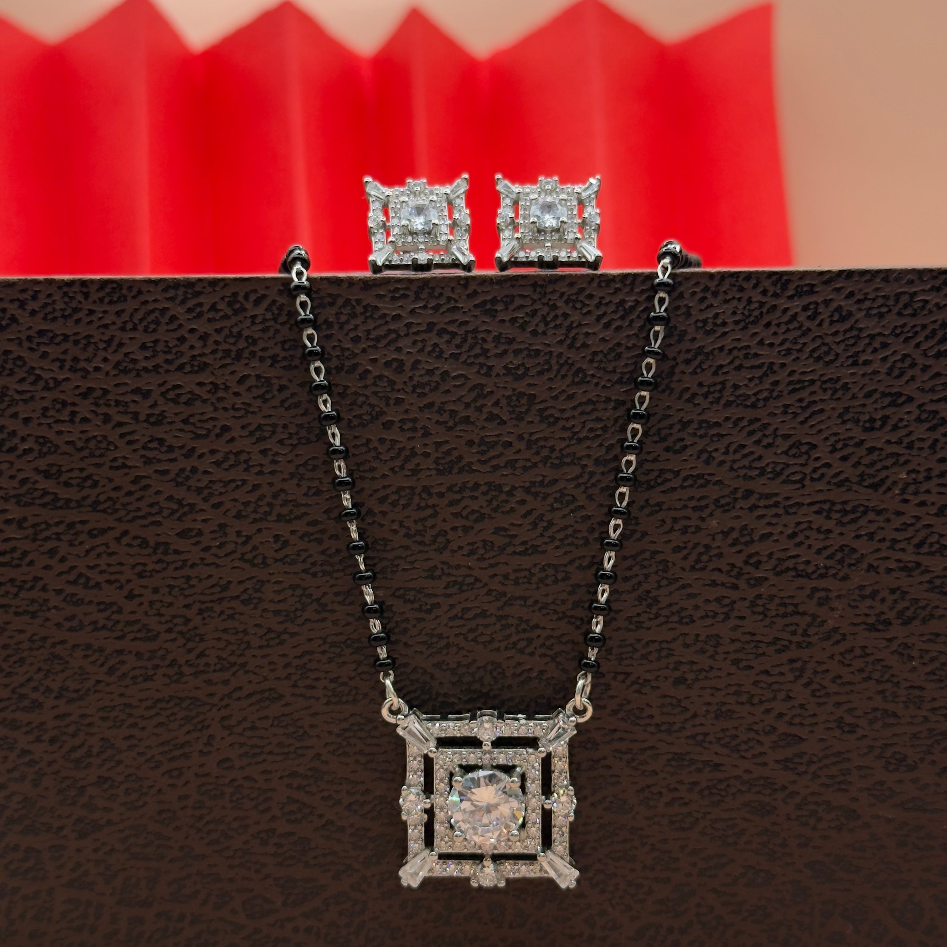 Silver Princess-Cut CZ Mangalsutra Set with Matching Earrings