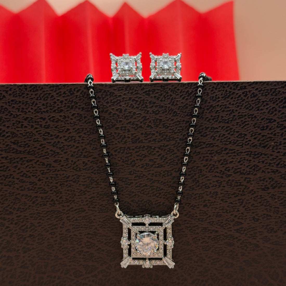 Silver Princess-Cut CZ Mangalsutra Set with Matching Earrings