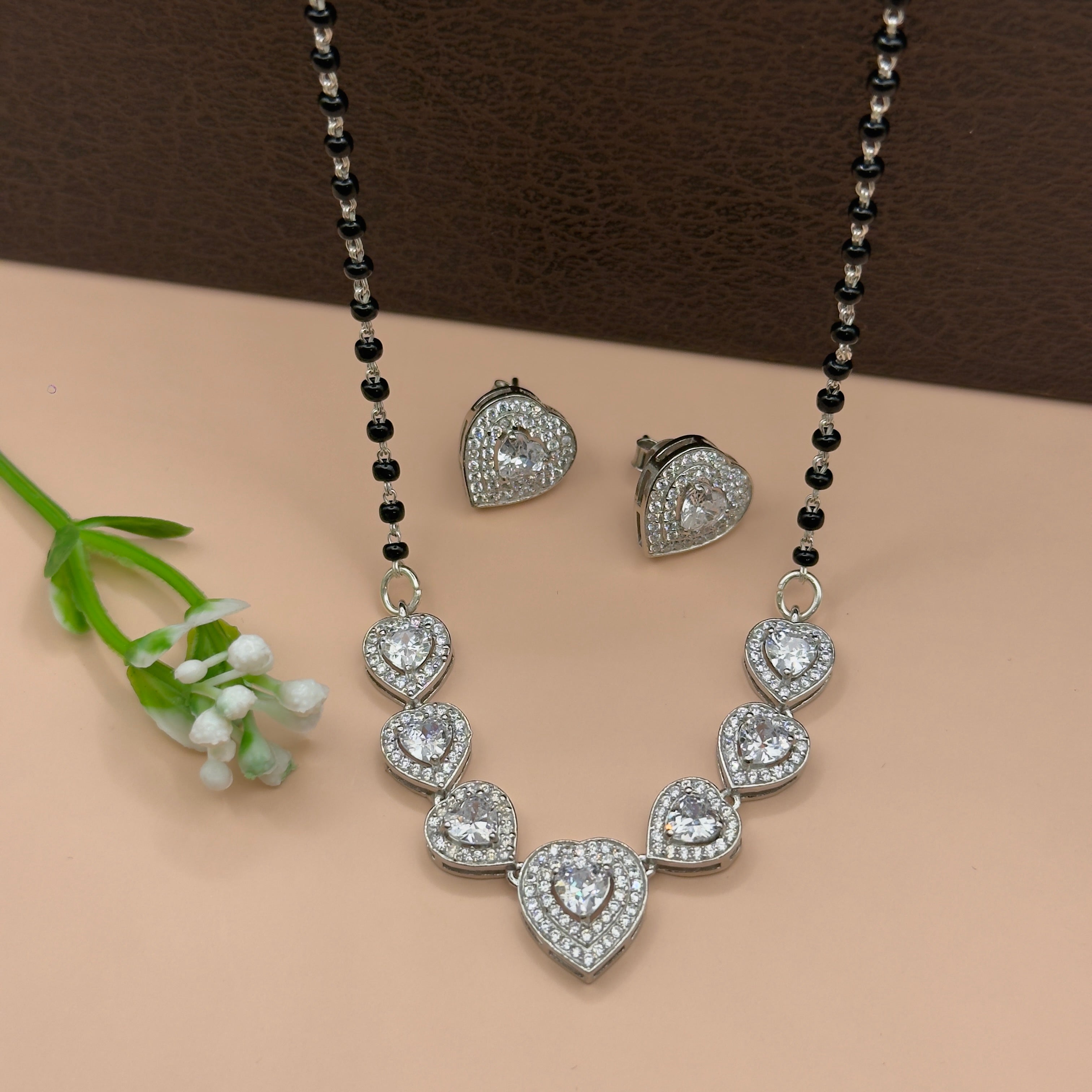 Elegant Silver Heart Mangalsutra Set with CZ Stones