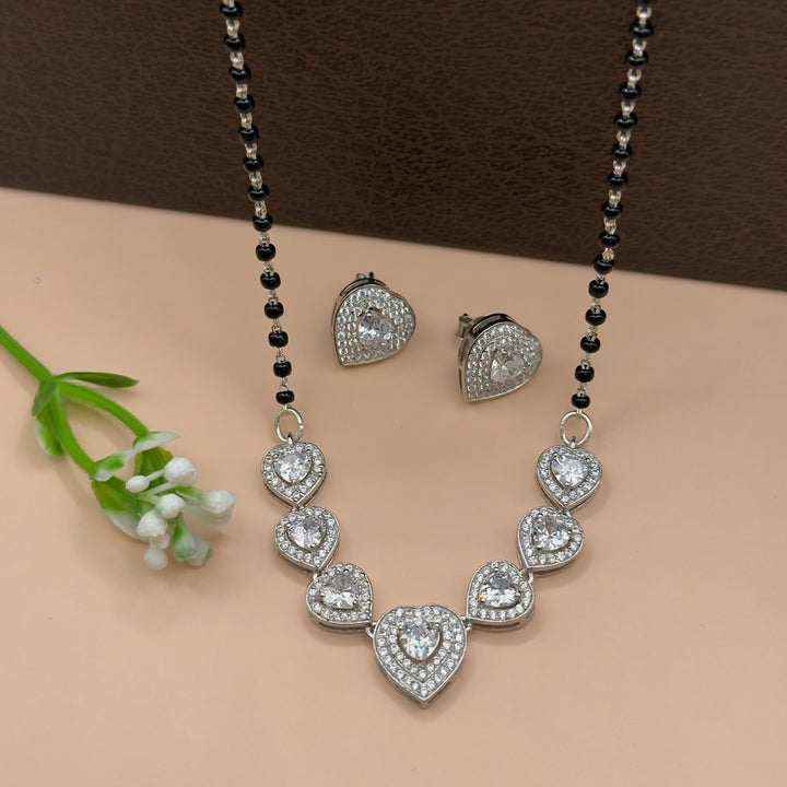 Elegant Silver Heart Mangalsutra Set with CZ Stones