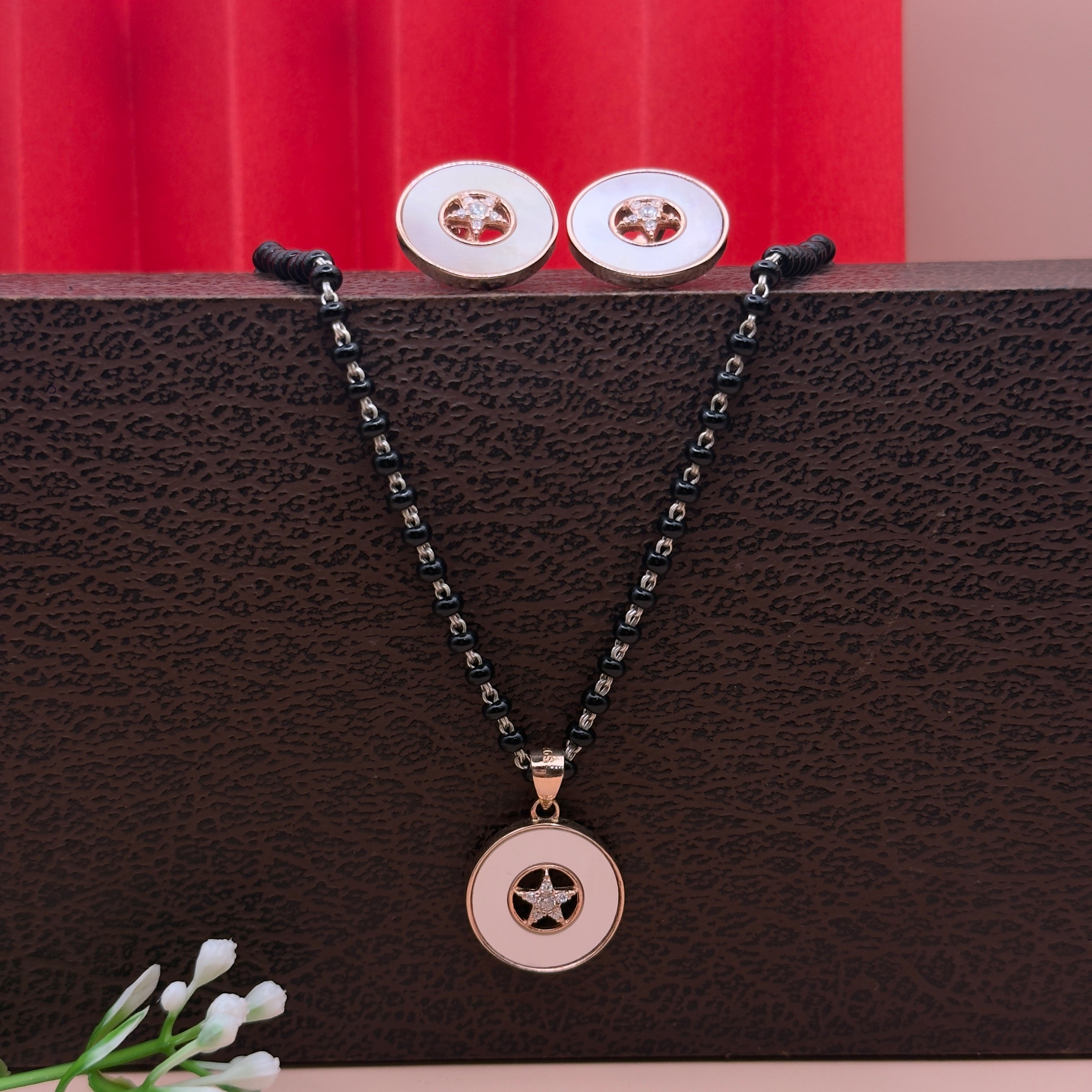 Rose Gold Star CZ Silver Mangalsutra Set with Earrings