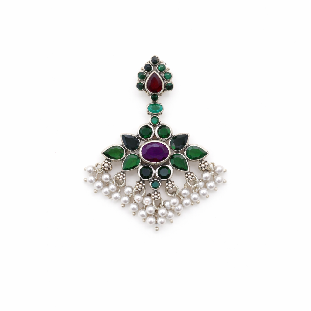 Handcrafted Navratna Pearl Pendant in 925 Silver | Dual-Side Design