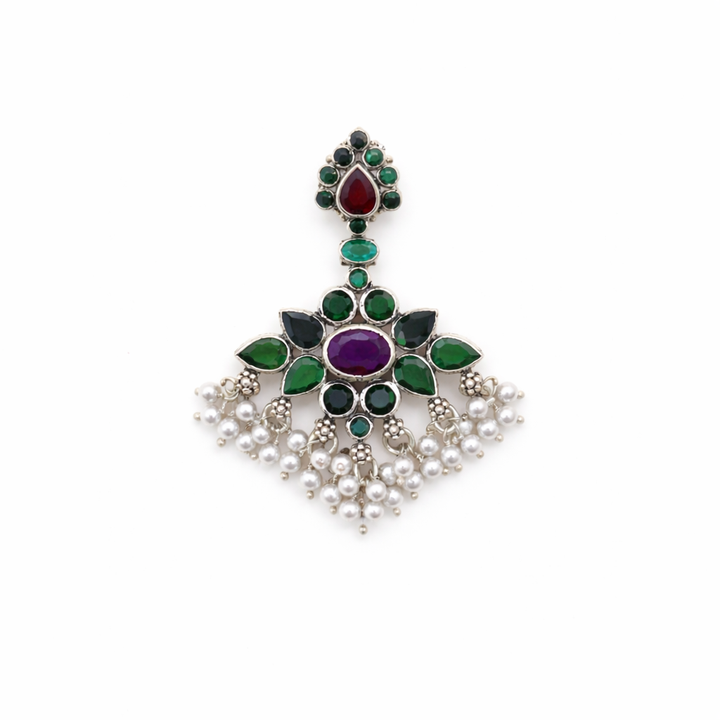 Handcrafted Navratna Pearl Pendant in 925 Silver | Dual-Side Design