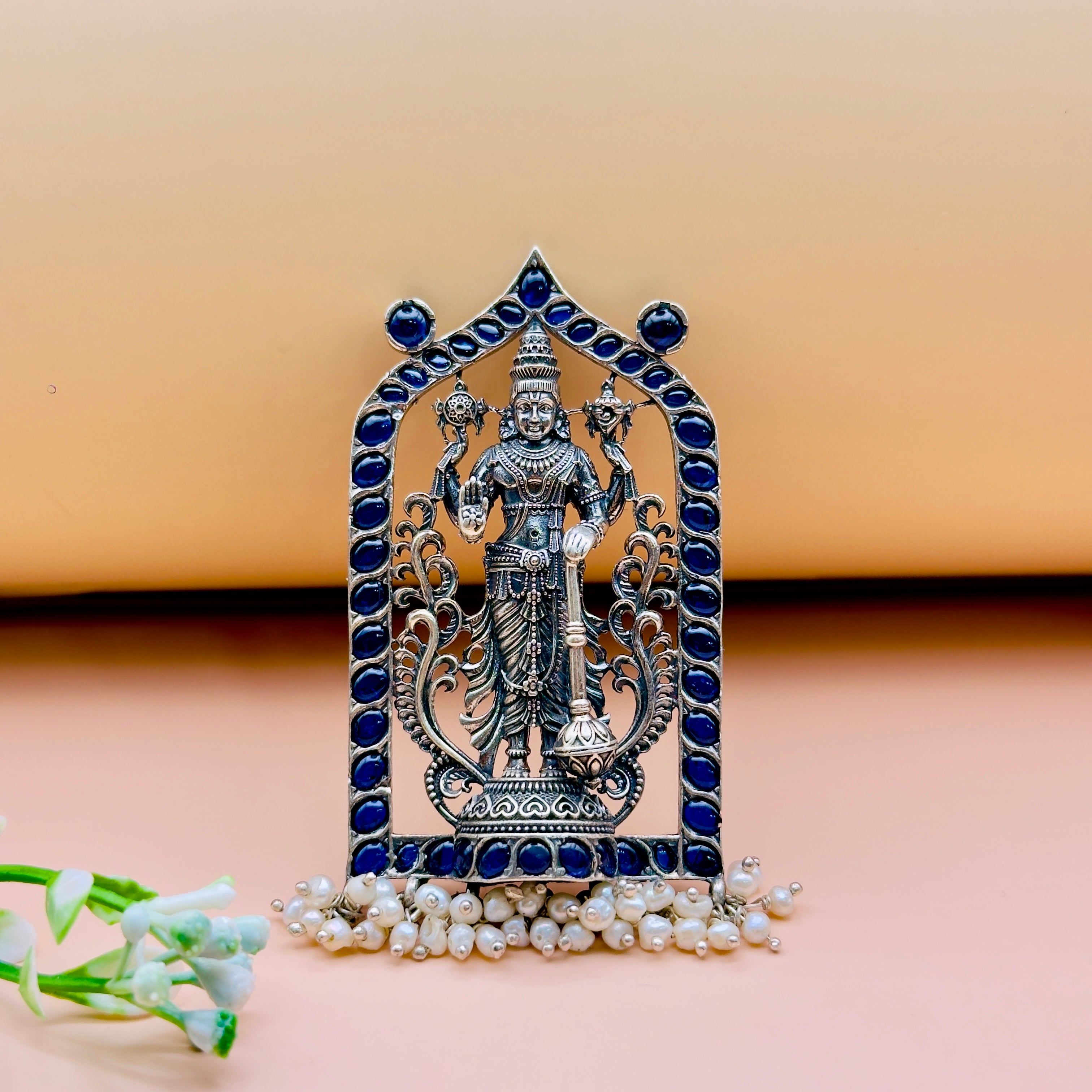 925 Silver Antique Lord Vishnu Pendant with Pearl Hangings