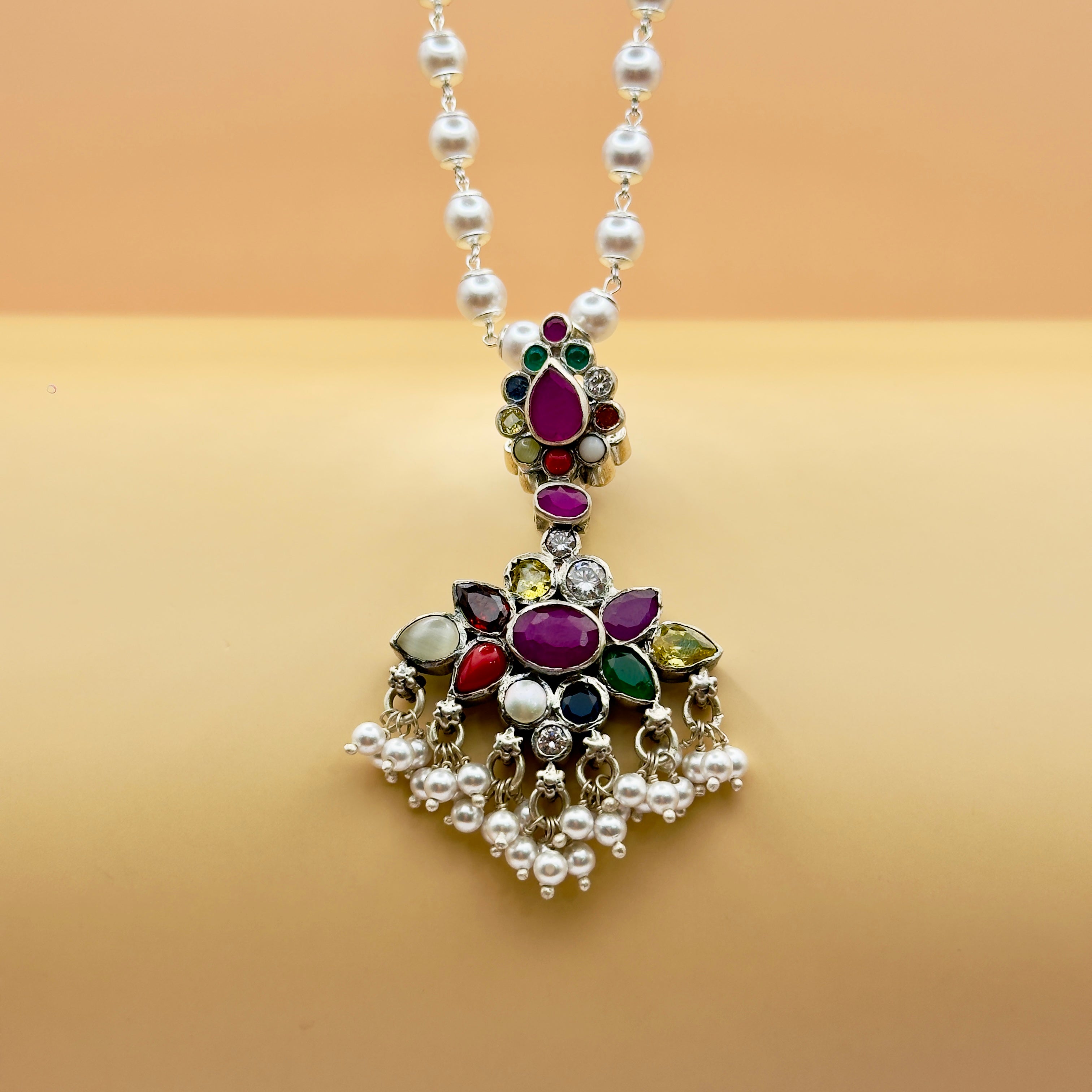 Handcrafted Navratna Pearl Pendant in 925 Silver | Dual-Side Design
