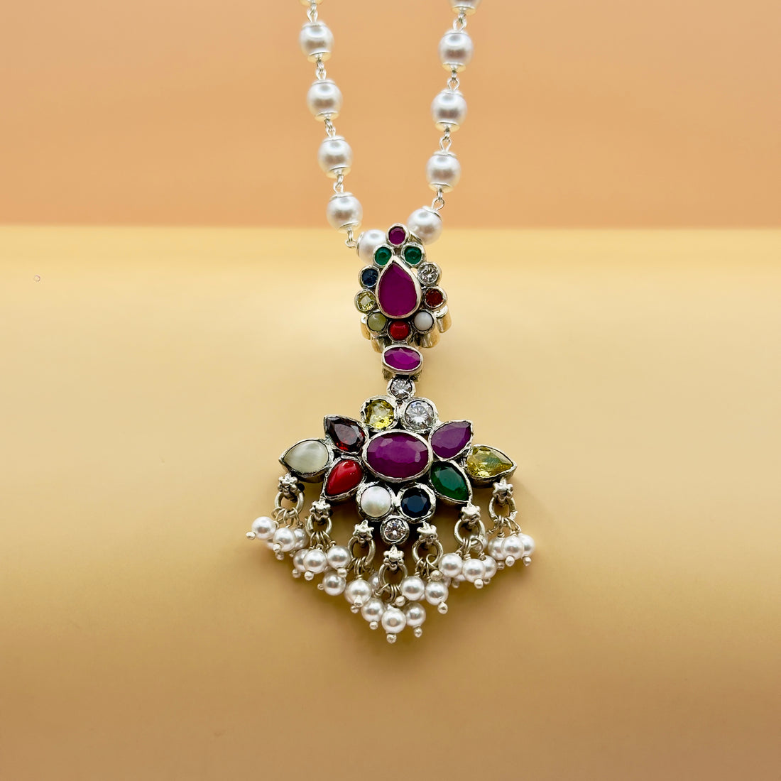 Handcrafted Navratna Pearl Pendant in 925 Silver | Dual-Side Design