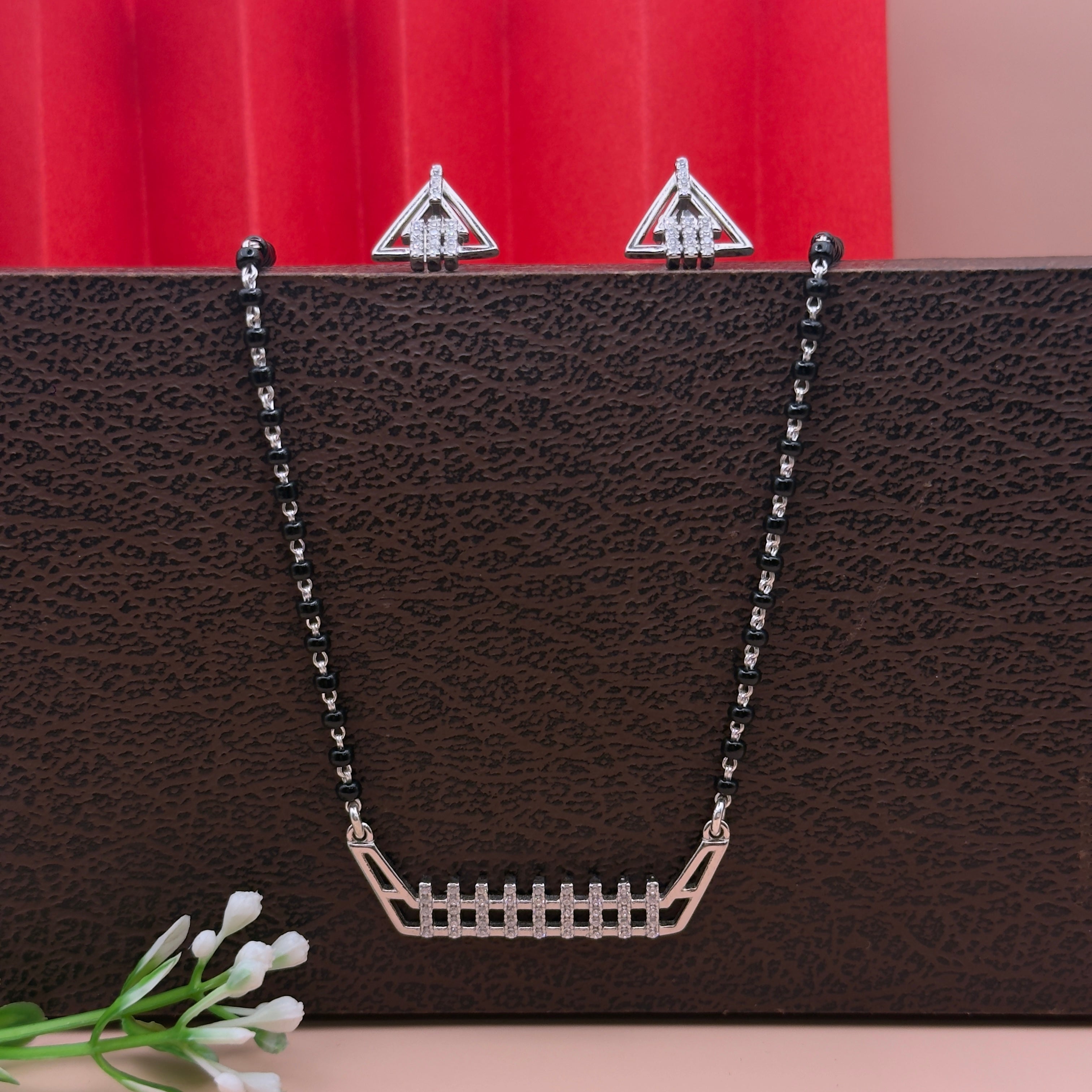 Trendy CZ Grid Pendant Silver Mangalsutra Set