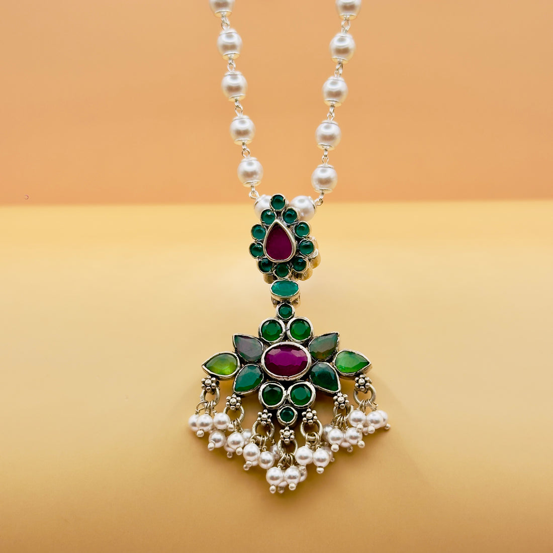 Handcrafted Navratna Pearl Pendant in 925 Silver | Dual-Side Design