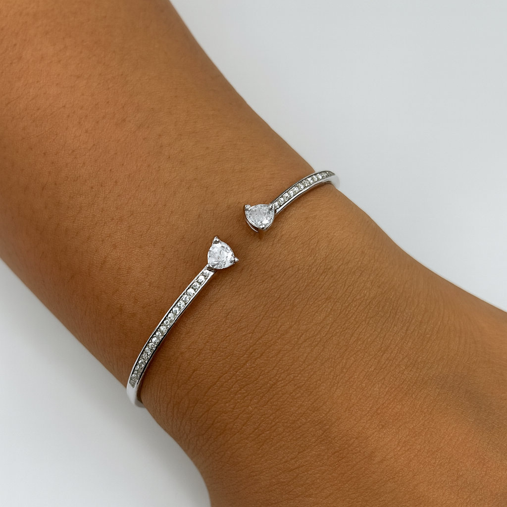 Elegant Dual love Solitaire 925 Silver Open Bracelet