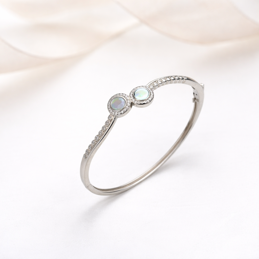 Elegant 925 Silver Dual Circle Mother of Pearl Kada for Women