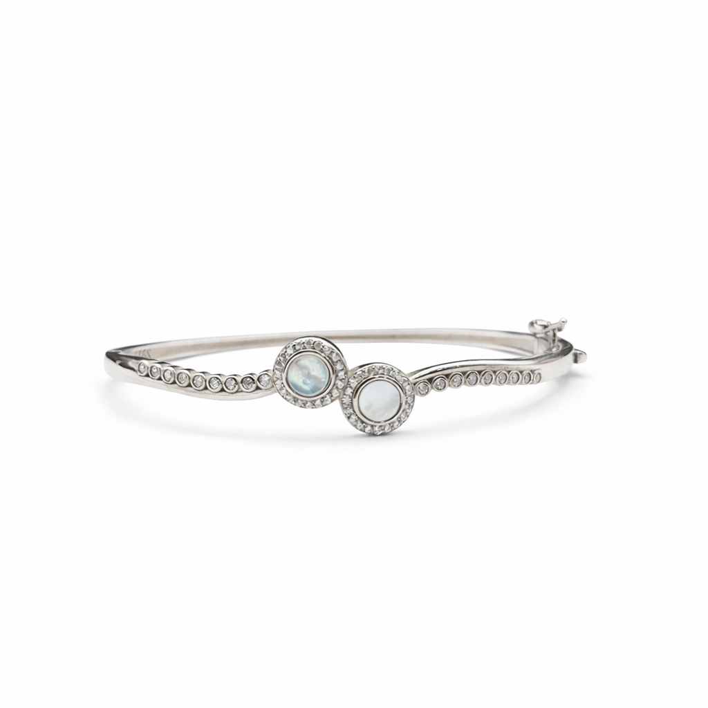 Elegant 925 Silver Dual Circle Mother of Pearl Kada for Women