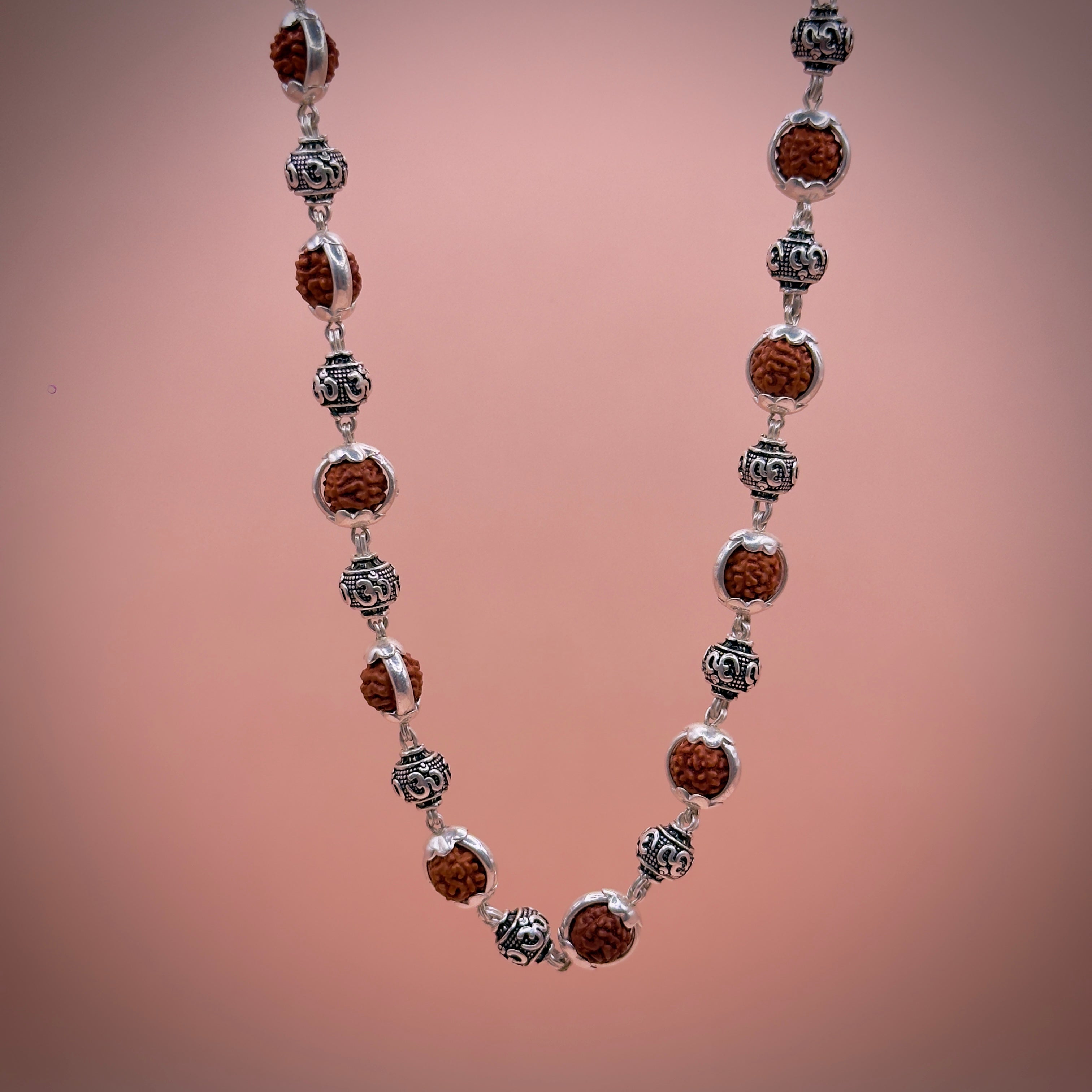 Rudraksha Capping Silver Mala (Om Beads)