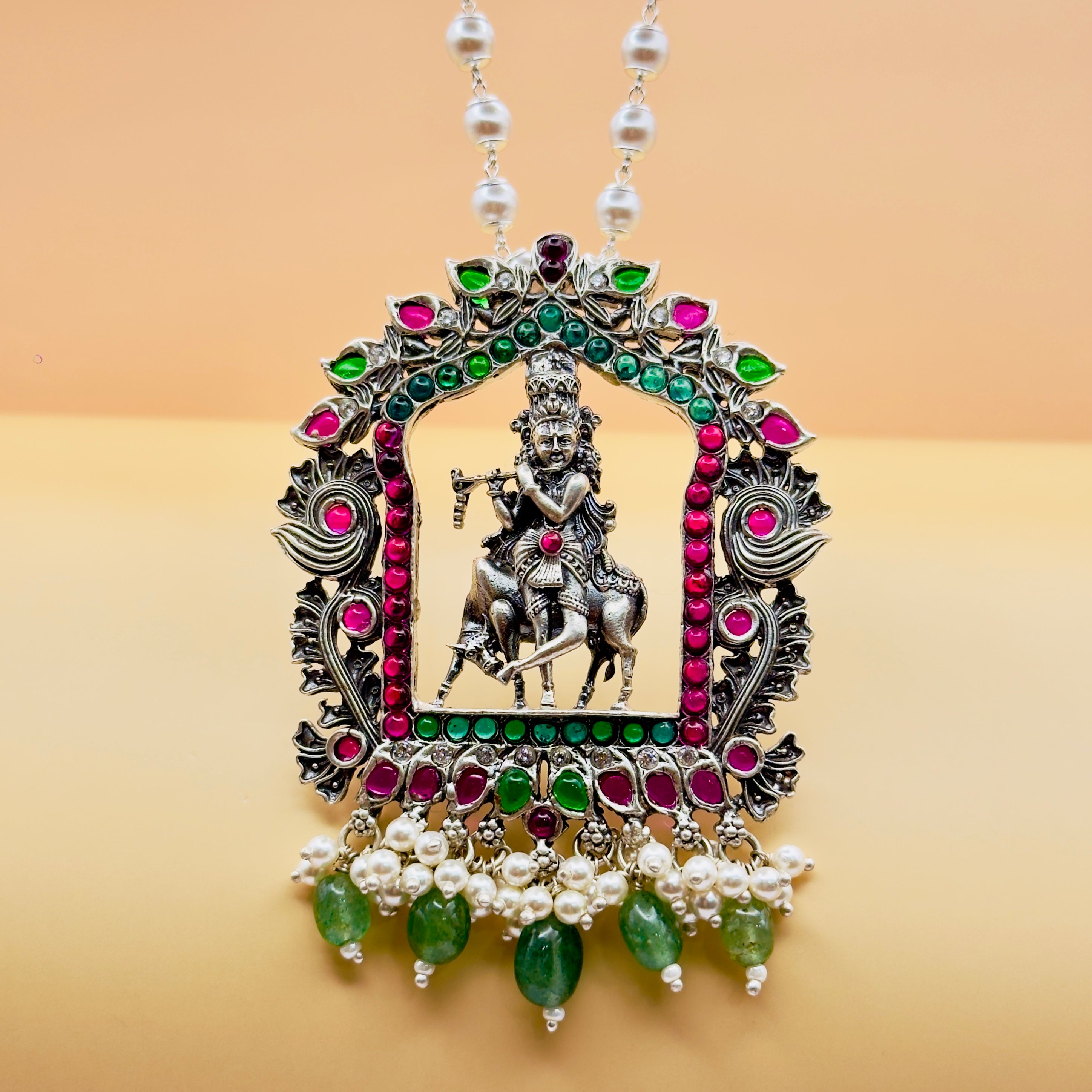 Lord Krishna Temple Pendant in 925 Silver with Pearl & Green Drops