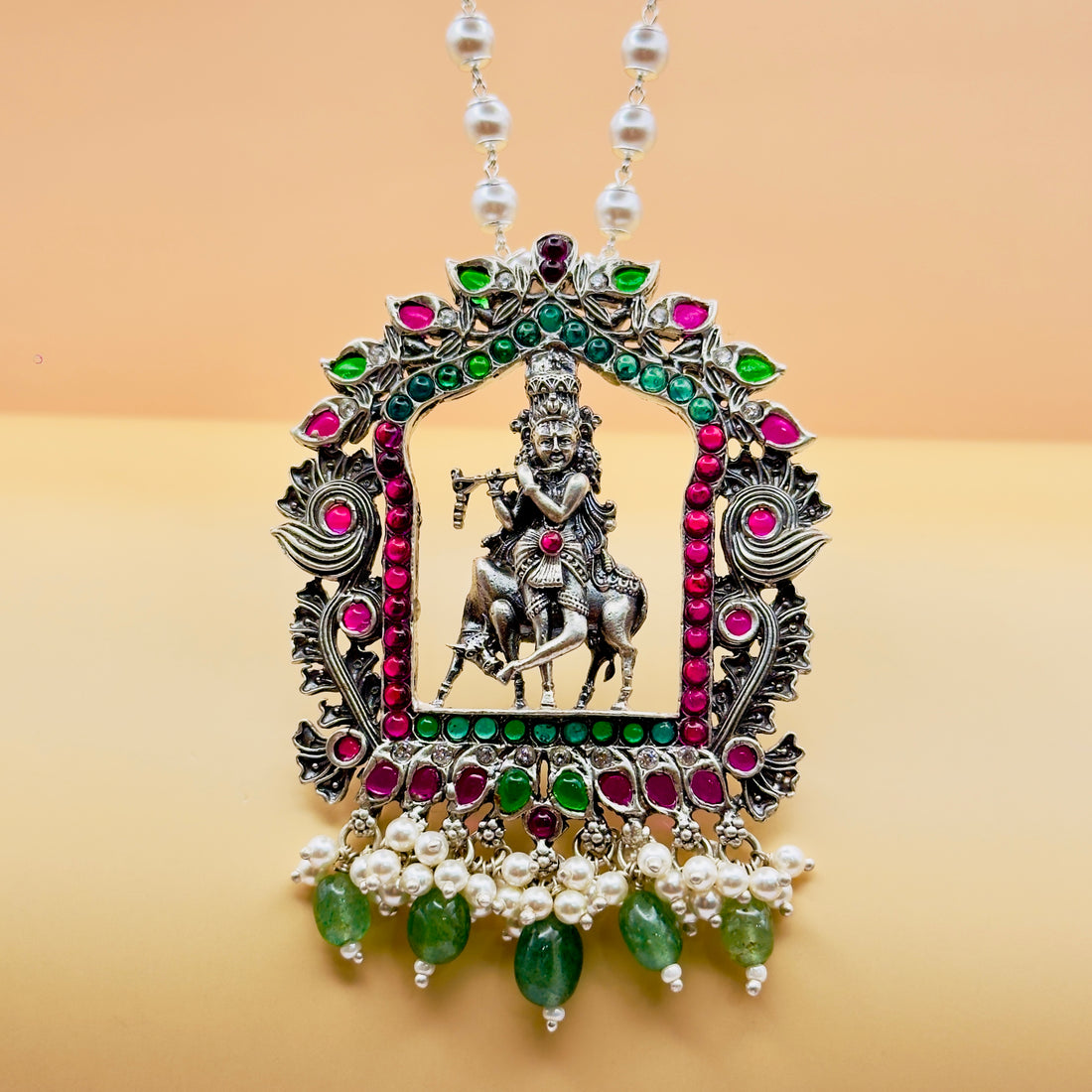 Lord Krishna Temple Pendant in 925 Silver with Pearl & Green Drops